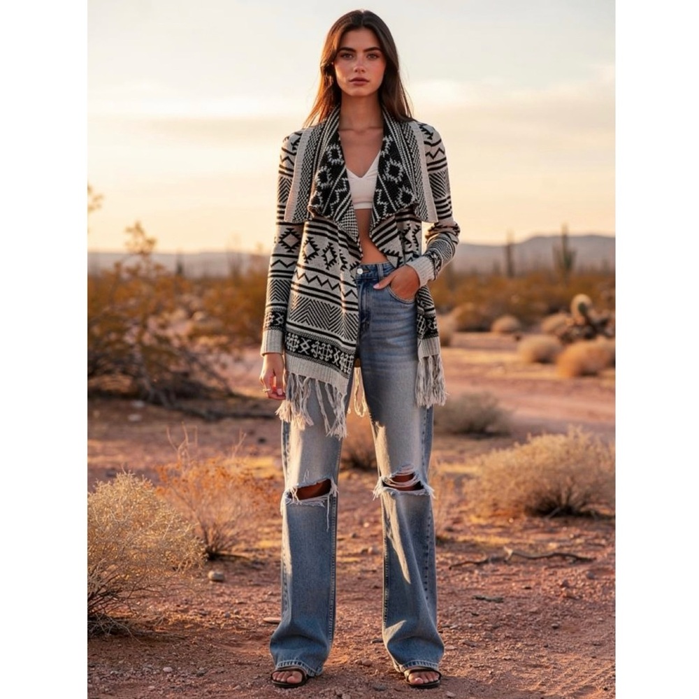 Blu Pepper Anthropologie Aztec Print Fringe Cardigan